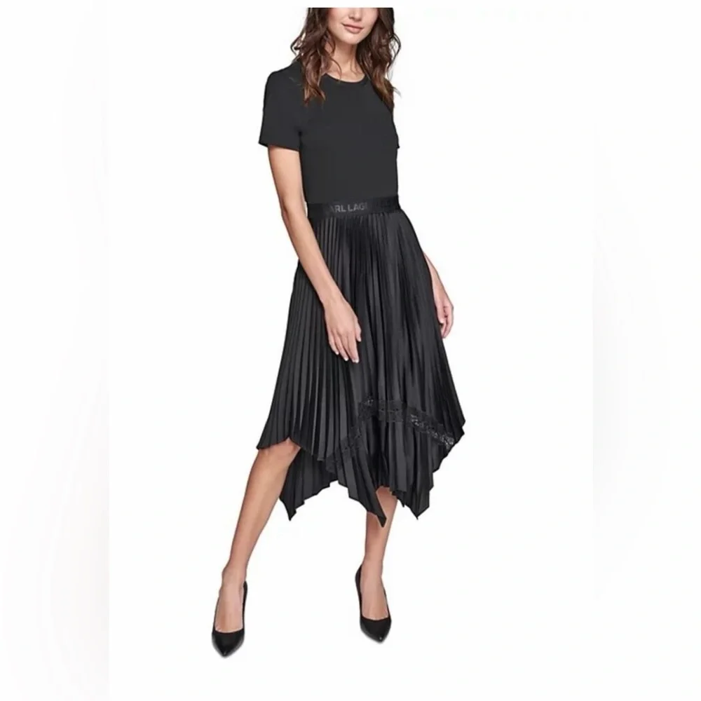 NWT. Karl Lagerfeld Monogramed Mixed-Media Pleated Midi Dress - Picture 2 of 10